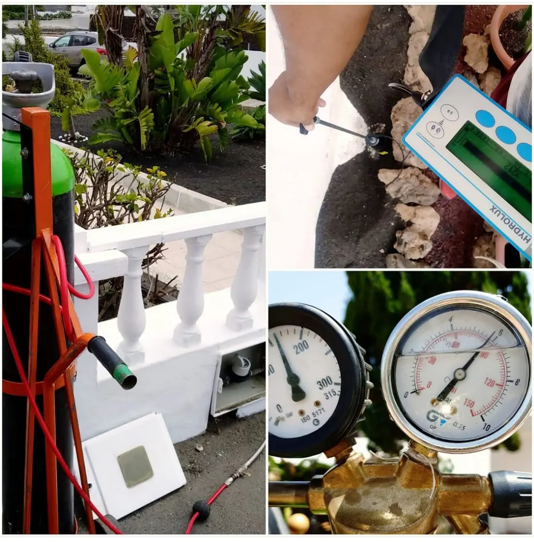 Botella de gas trazador, detector sebaKMT HYDROLUX rastreando el terreno y manómetros de control durante una localización
